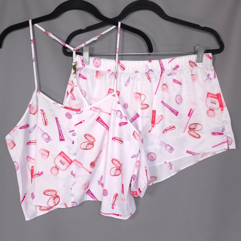 VICTORIA'S SECRET PINK New MEDIUM Pajama Set Satin Cami Shorts Makeup Print Logo - Picture 14 of 16